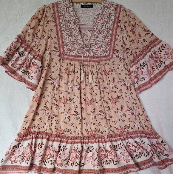 Romantic Floral Boho V-neck Babydoll Dress Bell Sleeves Tassels Flared Size L. - Picture 5 of 7